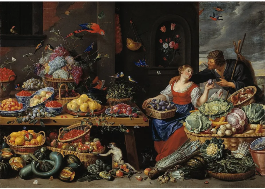 Jan Van Kessel. "Fruit and Vegetable Market with a Young Fruit Seller." Between 1650 and 1660.